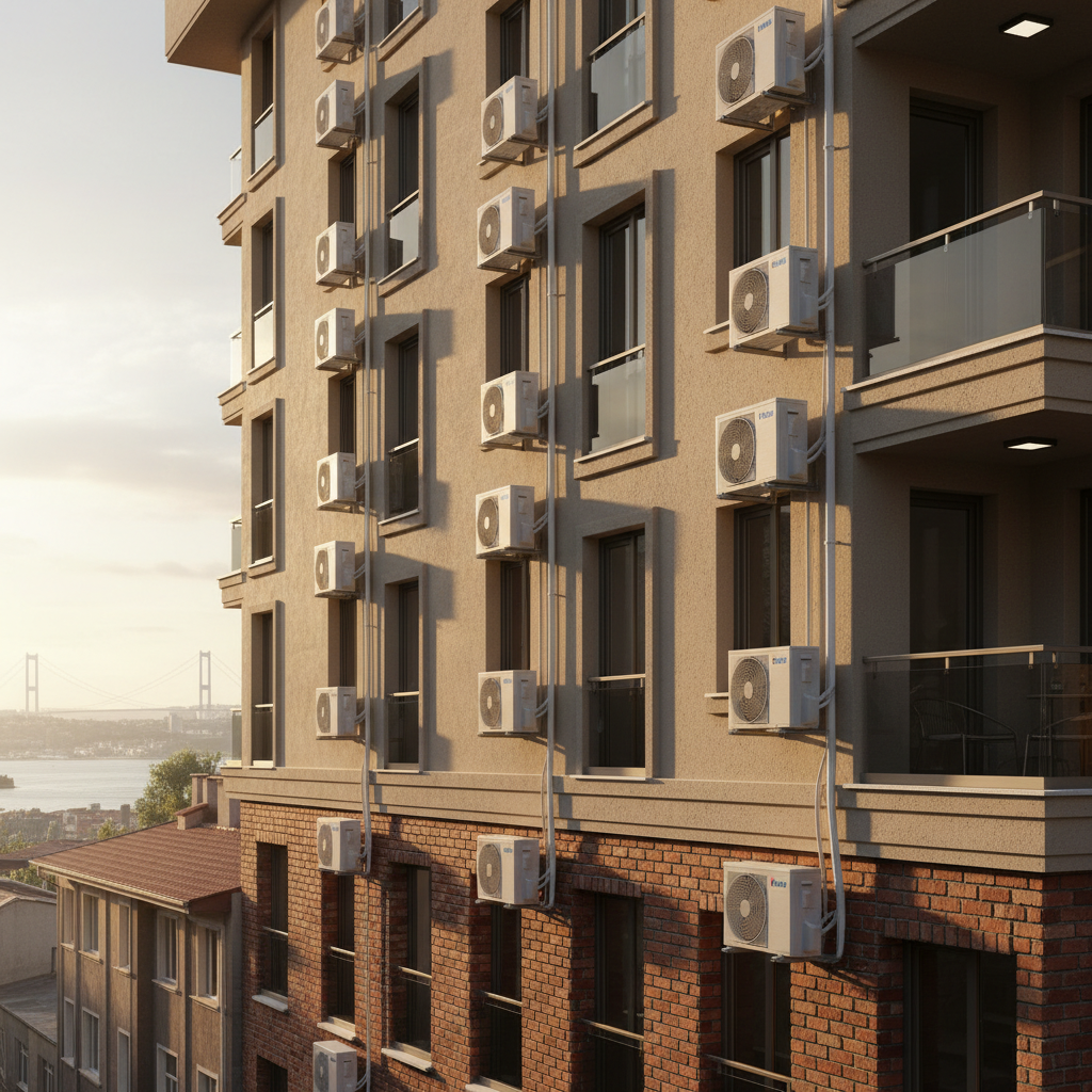 An exterior view of a typical Istanbul apartment building façade with multiple white outdoor AC units neatly aligned on balconies and walls, each securely mounted with brackets and insulated refrigerant lines. The warm late afternoon sunlight bathes the building, creating soft shadows across textured plaster and brick details while the Bosphorus skyline is subtly suggested in the distant haze. The camera frames the scene from street level with a mild upward tilt, emphasizing the network of climate systems. The mood is urban, reliable, and contemporary. The photographic style is realistic and clean, highlighting professional installation standards without any people present.