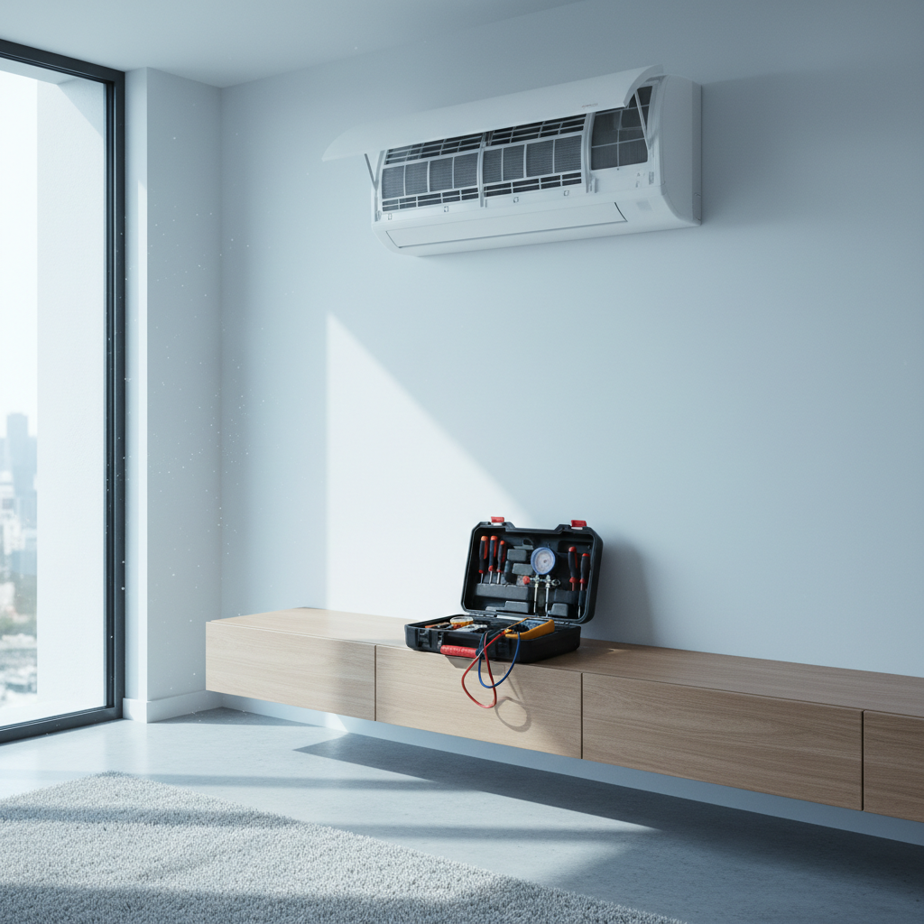 A sleek white split air conditioner indoor unit mounted high on a pristine wall in a contemporary Istanbul living room, its front panel slightly open showing clean filters and vents. Below it, a small tool case lies open on a low console, revealing neatly arranged screwdrivers, a digital multimeter, and a refrigerant gauge set. Soft, cool daylight washes in from a large window, giving the room a fresh, comfortable feel while casting faint shadows. Shot from a slightly upward angle with balanced composition, the image emphasizes cleanliness, precision, and professional climate control in a realistic, modern photographic style.