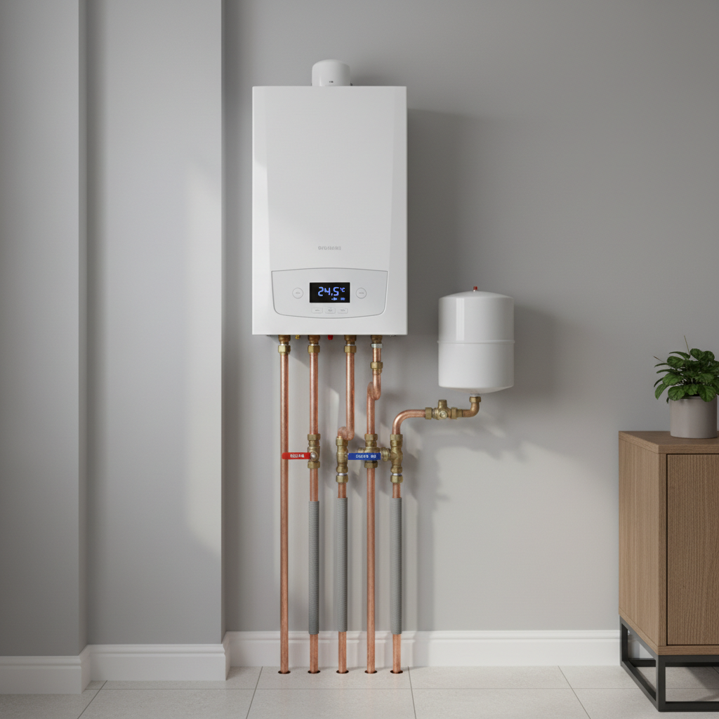 A modern wall-mounted white gas boiler with a clean digital control panel and neatly organized copper pipes, installed in a tidy Istanbul apartment utility corner. Around the boiler, labeled shut-off valves, insulated pipes, and a small expansion tank are clearly visible against a freshly painted light gray wall. Soft, diffused daylight enters from an unseen window, creating gentle reflections on the boiler’s glossy surface and metallic fittings. The mood is professional, safe, and reliable. Photographed at eye level with sharp focus throughout, the composition centers the boiler while subtly including part of a minimalist interior, in realistic photographic style suitable for a technical service website.
