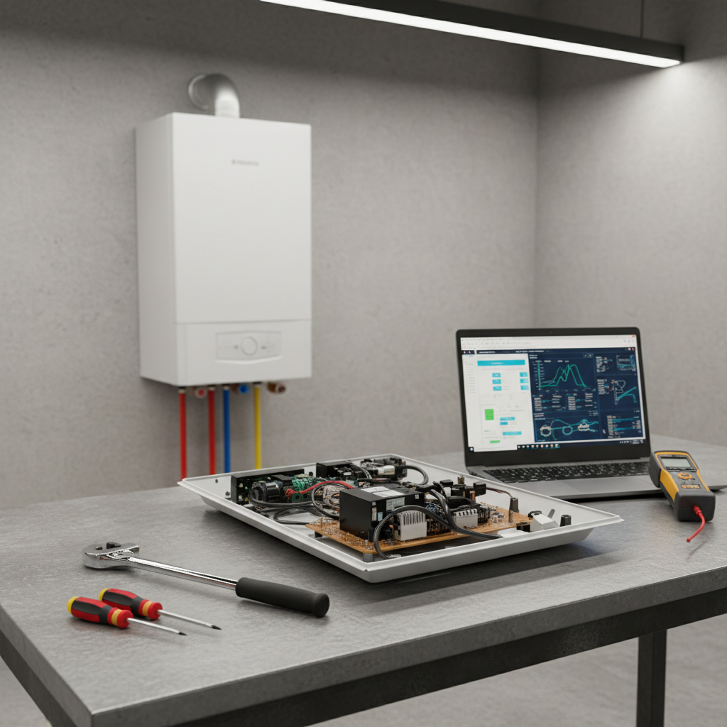 A close-up, detailed view of a technician’s organized service workspace featuring a disassembled wall boiler front panel lying on a sturdy workbench, surrounded by methodically placed tools: torque wrench, insulated screwdrivers, gas leak detector, and a compact laptop displaying diagnostic graphs. Behind the bench, an upright condensing boiler is mounted on a test wall with visible flue outlet and labeled pipes. Bright, neutral workshop lighting evenly illuminates every component, minimizing shadows and highlighting metal textures and digital screens. The atmosphere is highly professional and technical. Captured from a slightly elevated angle with sharp focus, the composition showcases expertise and advanced diagnostic capabilities in clean photographic realism.
